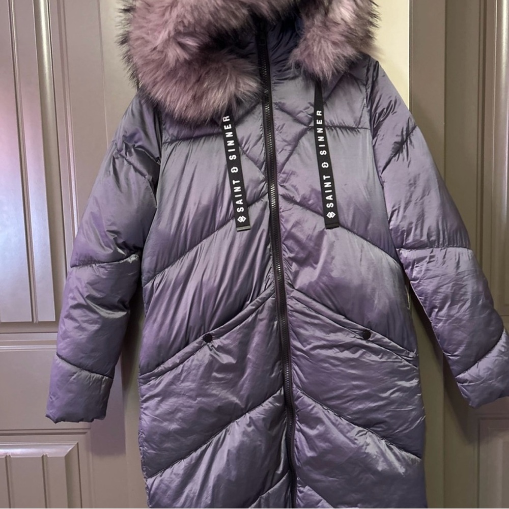 Saint & Sinner Metallic Grey Long Puffer Coat Faux Fur Hood Double
Zip Medium